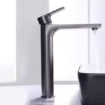 Modern Minimalist Tall Body Brushed Finish Single Handle Hot Cold Water Mixer Stainless Steel Basin Faucet